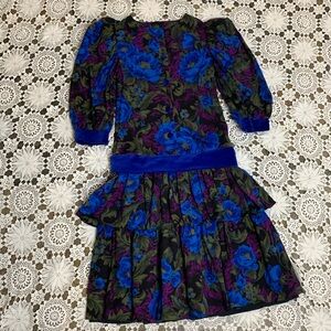 Vintage 80s tiered Floral Children's Dress Velvet Accents